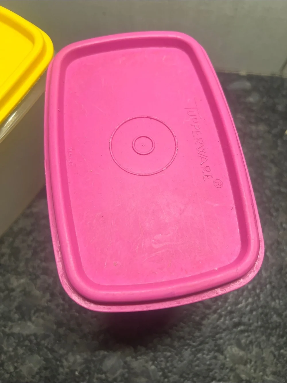 Tupperware Plastic Food Containers with Yellow and Pink Lids